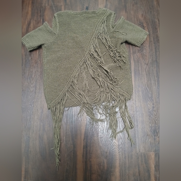 BCBGMaxAzria Olive Fringe Knit Cold Shoulder Blouse - Picture 5 of 5